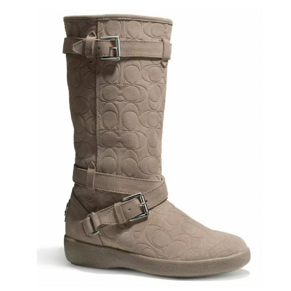 Coach Thelma faux fur winter boots taupe suede logo embossed mid calf size 7 - Picture 1 of 14